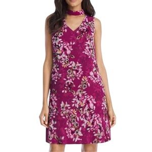 NWT WHBM Pink Floral Sleeveless V-Neck Tie Neck Dress Size 12